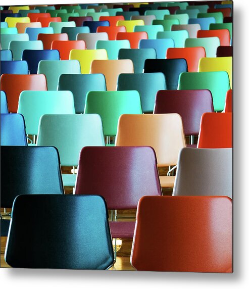 Empty Metal Print featuring the photograph Empty Colorful Chairs by Www.marcodewaal.nl