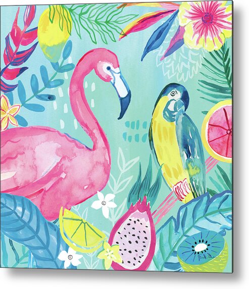 Animal Metal Print featuring the painting Fruity Flamingos Iv by Farida Zaman