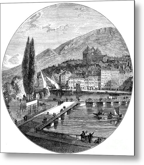 Engraving Metal Print featuring the drawing Geneva, Switzerland, 1900 by Print Collector