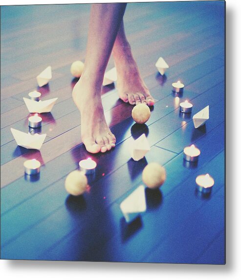 Shadow Metal Print featuring the photograph Girl Dancing In Candle Lights Bare Feet by Bravo Les Filles