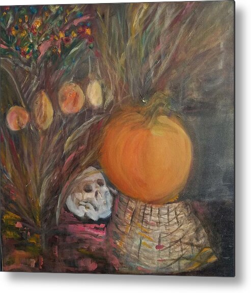 Halloween Pumpkin Skull Floral Flowers Basket Metal Print featuring the painting Halloween Pumpkin by Beverly Smith