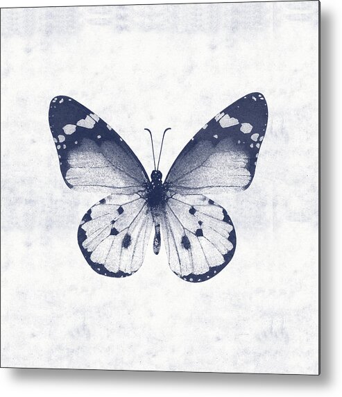 Butterfly White Blue Indigo Skeleton Butterfly Wings Modern Bohemianinsect Bug Garden Nature Organichome Decorairbnb Decorliving Room Artbedroom Artcorporate Artset Designgallery Wallart By Linda Woodsart For Interior Designersgreeting Cardpillowtotehospitality Arthotel Artart Licensing Metal Print featuring the mixed media Indigo and White Butterfly 1- Art by Linda Woods by Linda Woods