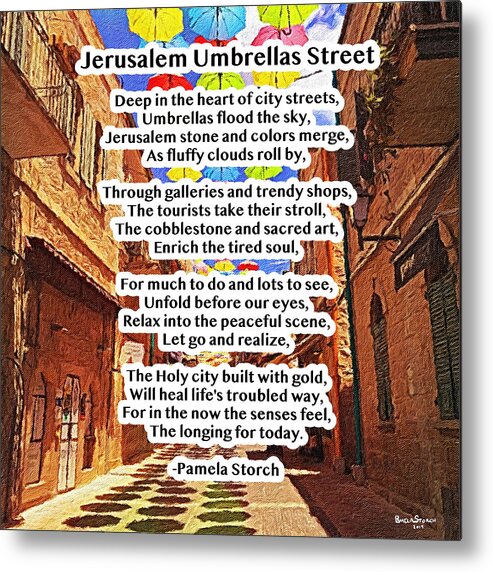 Pamela Storch Metal Print featuring the digital art Jerusalem Umbrellas Street Poem by Pamela Storch