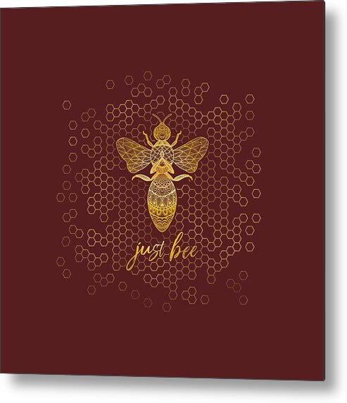 Just Bee Metal Print featuring the digital art Just Bee - Geometric Zen Bee Meditating over Honeycomb Hive by Laura Ostrowski