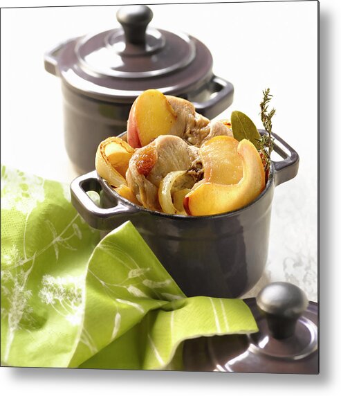 Mijote Metal Print featuring the photograph Lapin Au Cidre Et Aux Pommes Confites Small Casserole Dish Of Rabbit With Cider And Apples by Studio - Photocuisine