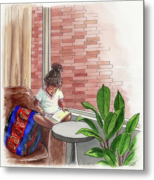 Girl Metal Print featuring the painting Little Ethiopian Girl Reads A Book Watercolor by Irina Sztukowski