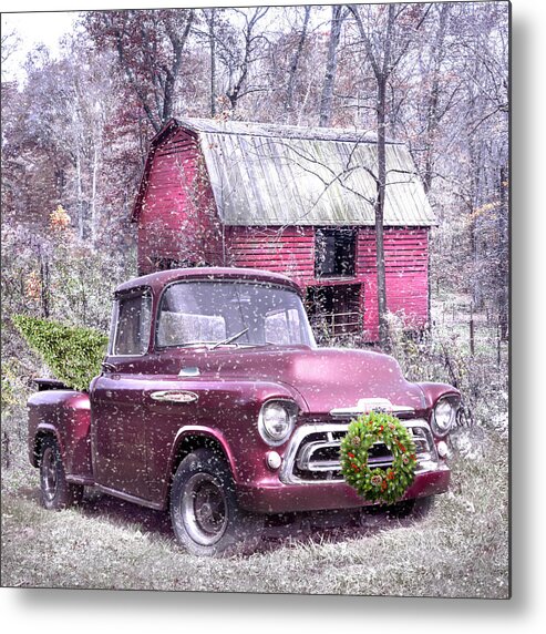 1957 Metal Print featuring the photograph Love that Red 1957 Chevy Truck in the Snow by Debra and Dave Vanderlaan