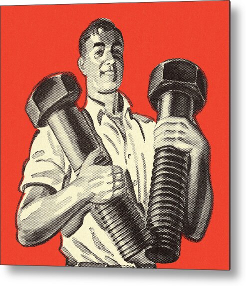 Adult Metal Print featuring the drawing Man Holding Two Giant Bolts by CSA Images