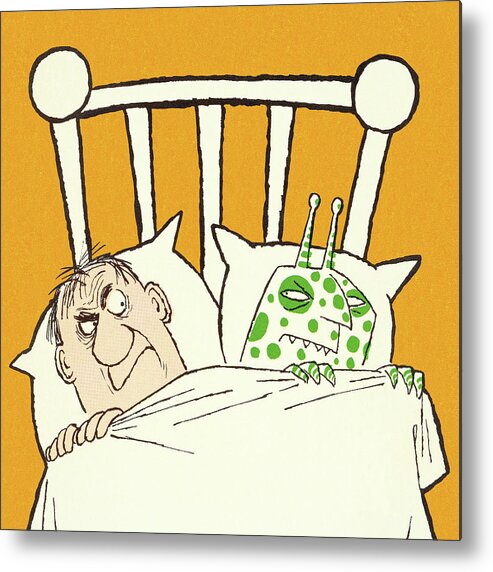 Adult Metal Print featuring the drawing Man in Bed with an Alien by CSA Images