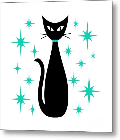 Mid Century Modern Metal Print featuring the digital art Mid Century Cat with Aqua Starbursts by Donna Mibus