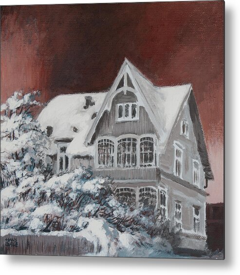 Hans Saele Metal Print featuring the painting Nordic Town Houses - Under the Blood Red Sky by Hans Egil Saele