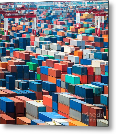 Container Metal Print featuring the photograph Numerous Shipping Containers In Port by Chuyuss