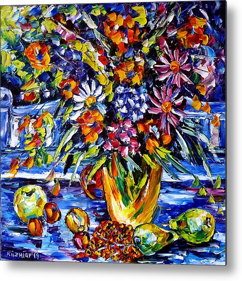 Palette Knife Oil Painting Metal Print featuring the painting On The Garden Table by Mirek Kuzniar