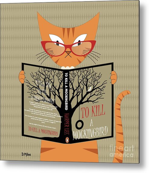 Mid Century Modern Metal Print featuring the digital art Orange Cat Reading by Donna Mibus