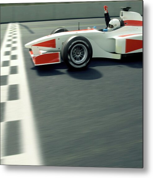 Aerodynamic Metal Print featuring the photograph Racing Driver Crossing Finishing Line by Alan Thornton