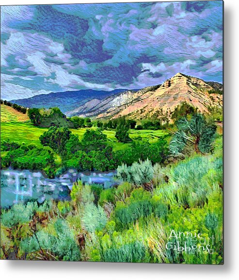 Rain Clouds Hover Over An Idyllic Valley Colorado Grey Blues Greens Teals Tan Pink And Purple Metal Print featuring the digital art Rain Clouds on the way to Sweetwater by Annie Gibbons
