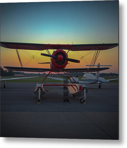 Red Metal Print featuring the photograph Red Biplane at Dawn by Jeff Kurtz