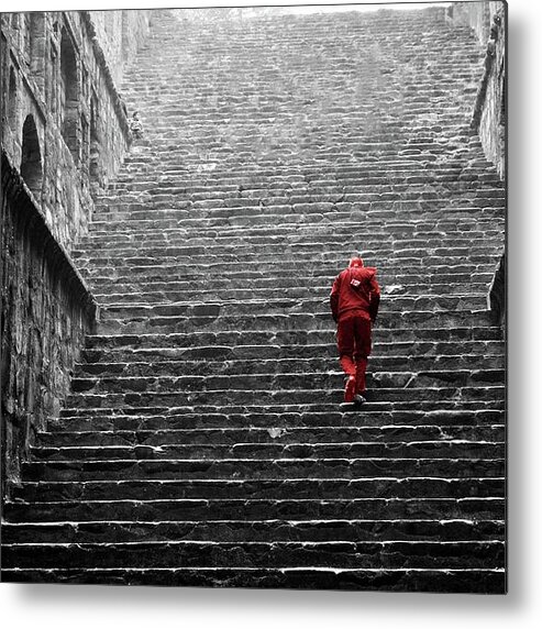 Steps Metal Print featuring the photograph Red Man In A Baoli In Delhi by Peter Walters
