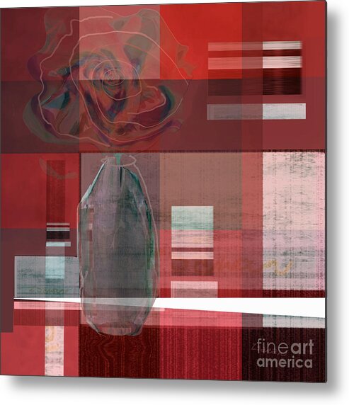 Square Metal Print featuring the mixed media Reflection on a Red Plaid Tablecloth by Zsanan Studio
