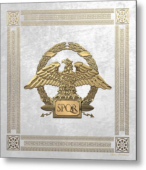 ‘treasures Of Rome’ Collection By Serge Averbukh Metal Print featuring the digital art Roman Empire - Gold Roman Imperial Eagle over White Velvet by Serge Averbukh