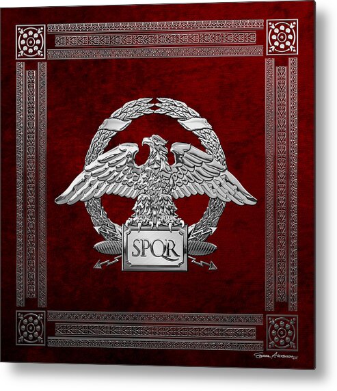 ‘treasures Of Rome’ Collection By Serge Averbukh Metal Print featuring the digital art Roman Empire - Silver Roman Imperial Eagle over Red Velvet by Serge Averbukh