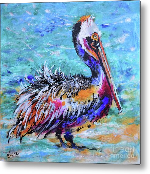 Pelican Metal Print featuring the painting Ruffled Pelican by Jyotika Shroff