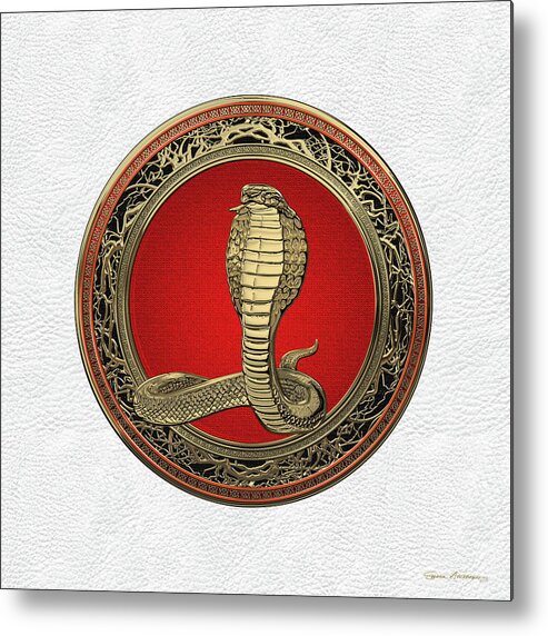'beasts Creatures And Critters' Collection By Serge Averbukh Metal Print featuring the digital art Sacred Gold King Cobra on White Leather by Serge Averbukh