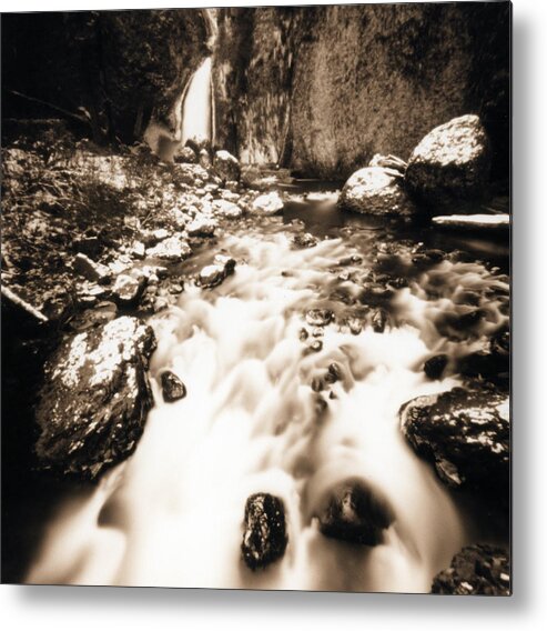 Tranquility Metal Print featuring the photograph Sepia-toned Waterfall And Downstream by Danielle D. Hughson