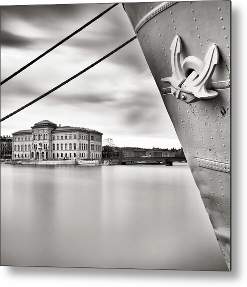 Tranquility Metal Print featuring the photograph Ship With Anchor In Harbor by Peter Levi