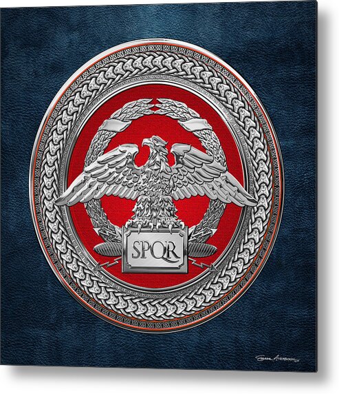 ‘treasures Of Rome’ Collection By Serge Averbukh Metal Print featuring the digital art Silver Roman Imperial Eagle over Red and Silver Medallion on Blue Leather by Serge Averbukh