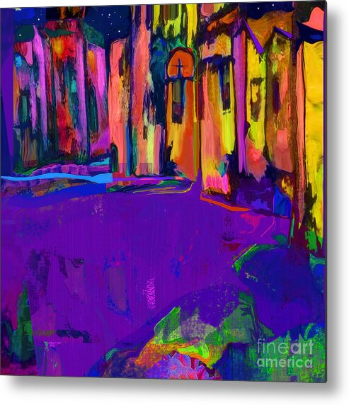 Square Metal Print featuring the mixed media Good Night Santa Fe in Lavender and Gold by Zsanan Studio