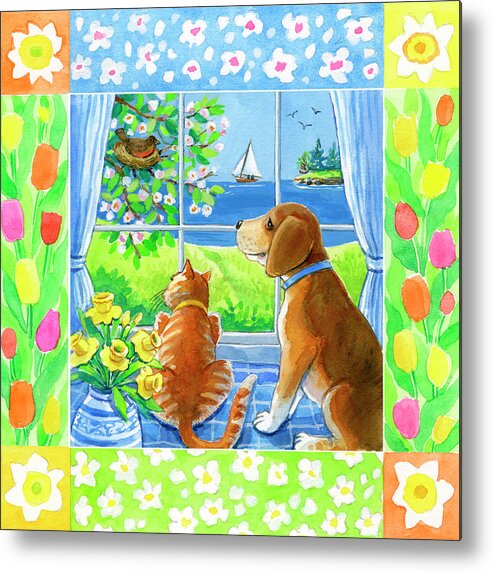 Animals Metal Print featuring the painting Spring Cat And Dog by Geraldine Aikman