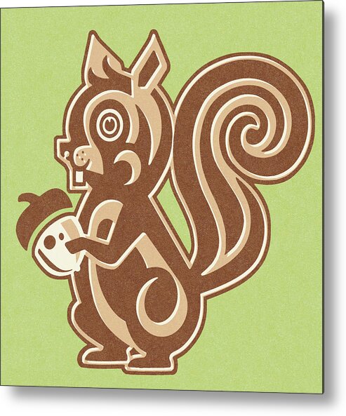 Acorn Metal Print featuring the drawing Squirrel Holding Nut on Green Background by CSA Images