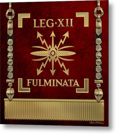 ‘rome’ Collection By Serge Averbukh Metal Print featuring the digital art Standard of the 12th Legion Fulminata - Vexillum of Thunderbolt Twelfth Legion by Serge Averbukh