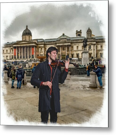 Street Music Metal Print featuring the mixed media Street Music. Violin. Trafalgar Square. by Alex Mir