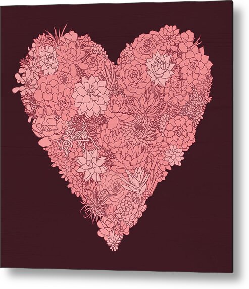 Succulents Metal Print featuring the painting Pink Succulent Heart Dark Background by Jen Montgomery