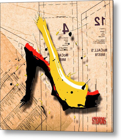 Fashion Metal Print featuring the photograph Suede Heel Yellow Red Sole by Roderick E. Stevens