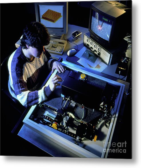 Atomic Force Microscope Metal Print featuring the photograph Technician Working On An Atomic Force Microscope by Colin Cuthbert/science Photo Library