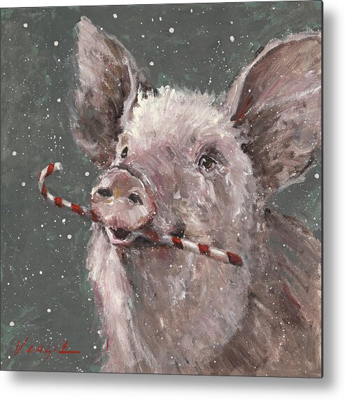 Teri The Christmas Pig Metal Print featuring the painting Teri The Christmas Pig by Mary Miller Veazie