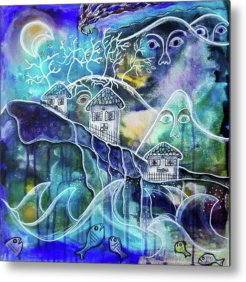 House Metal Print featuring the mixed media Three Houses on a Cliff by Mimulux Patricia No