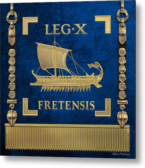 ‘rome’ Collection By Serge Averbukh Metal Print featuring the digital art Trireme Standard of the 10th Legion of the Strait - Blue Vexilloid of Legio X Fretensis by Serge Averbukh