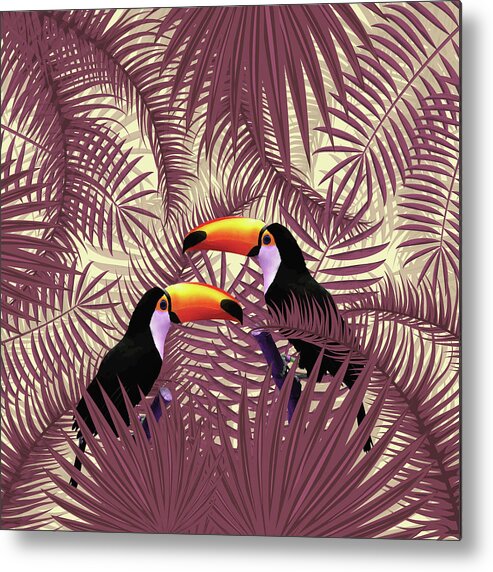 Tropical Metal Print featuring the mixed media Tropical Forest - Toucan birds - Tropical Palm Leaf Pattern - Leaf Pattern - Tropical Print 3 by Studio Grafiikka