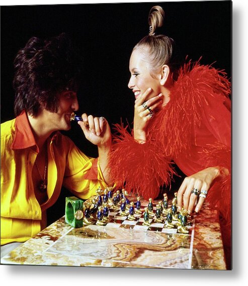 Twiggy Metal Print featuring the drawing Twiggy and Justin de Villeneuve Play Chess, Vogue by Bert Stern