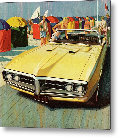 Auto Metal Print featuring the drawing Vintage Yellow Convertible Car by CSA Images