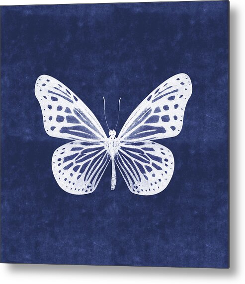 Butterfly Metal Print featuring the mixed media White and Indigo Butterfly- Art by Linda Woods by Linda Woods