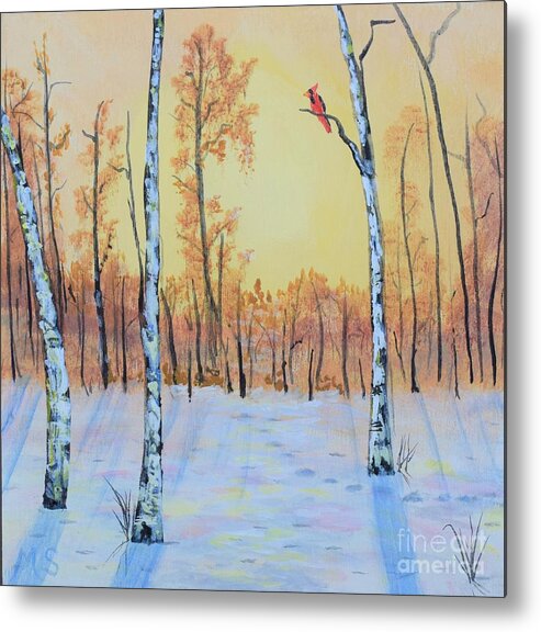 Birch Metal Print featuring the painting Winter Birches-Cardinal Right by Monika Shepherdson