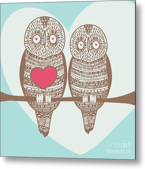 Birthday Metal Print featuring the digital art Wise Owl Couple On Tree Branch by Stopitnow