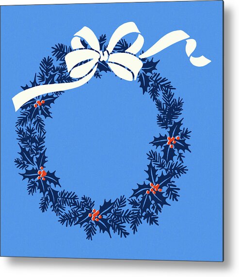 Blue Background Metal Print featuring the drawing Wreath with a Bow by CSA Images