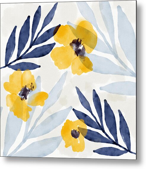 Flowers Metal Print featuring the mixed media Yellow and Navy 1- Floral Art by Linda Woods by Linda Woods