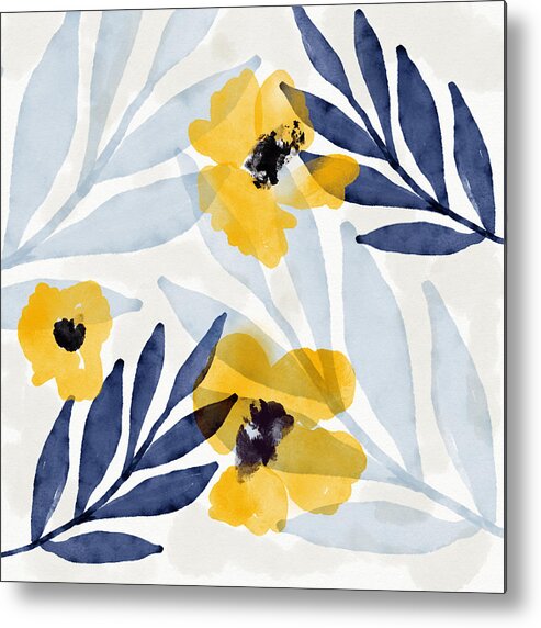 Flowers Metal Print featuring the mixed media Yellow and Navy 2- Floral Art by Linda Woods by Linda Woods